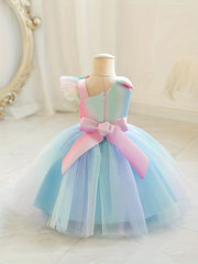 Girls Sleeveless Princess Dress with Bow Mesh Panelled Bodysuit