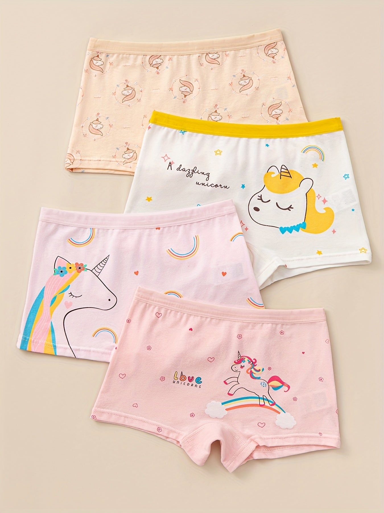 4pcs Cotton Boxer Briefs for Girls Cartoon Pattern Elastic Waist Shorts