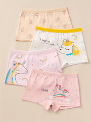 4pcs Cotton Boxer Briefs for Girls Cartoon Pattern Elastic Waist Shorts
