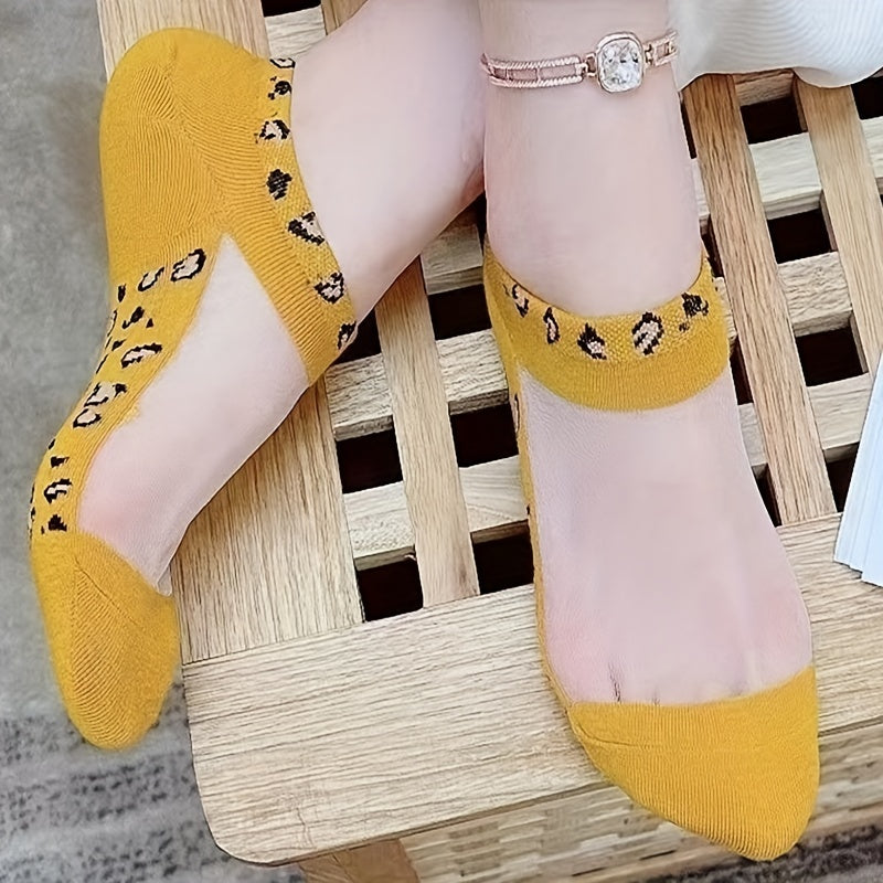 5 Pairs Leopard Print Mesh Socks Sheer Ankle Stockings Hosiery