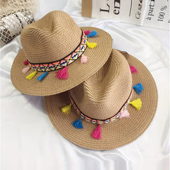 Boho Tassel Decor Sun Hat Khaki Wide Brim Beach Straw Hat