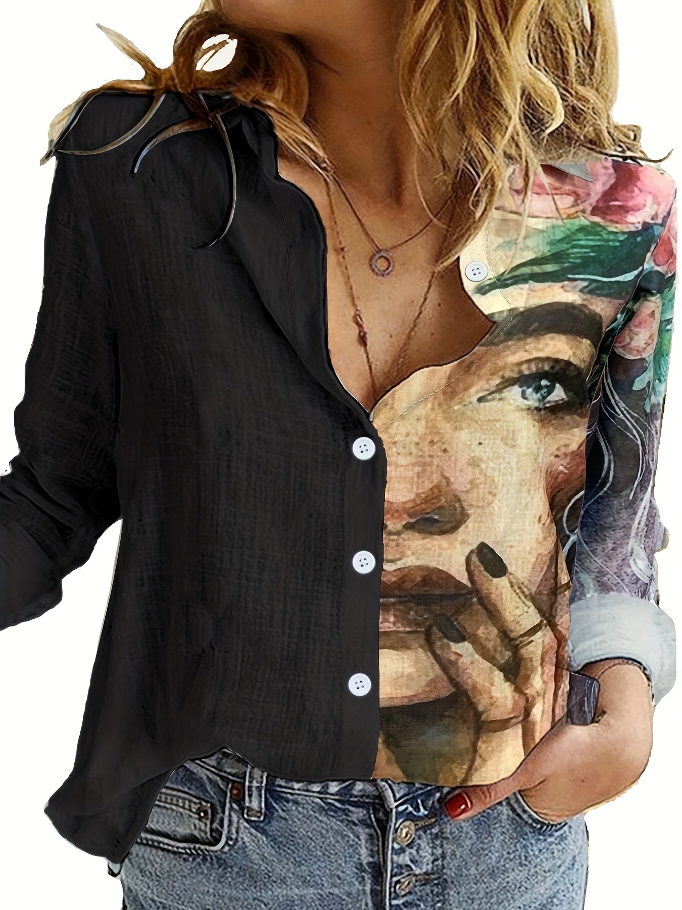 Colorblock Figure Print Long Sleeve Blouse