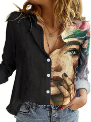 Colorblock Figure Print Long Sleeve Blouse