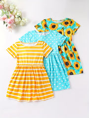 Girls Striped Sunflower Cartoon Print Flying Sleeve Dress