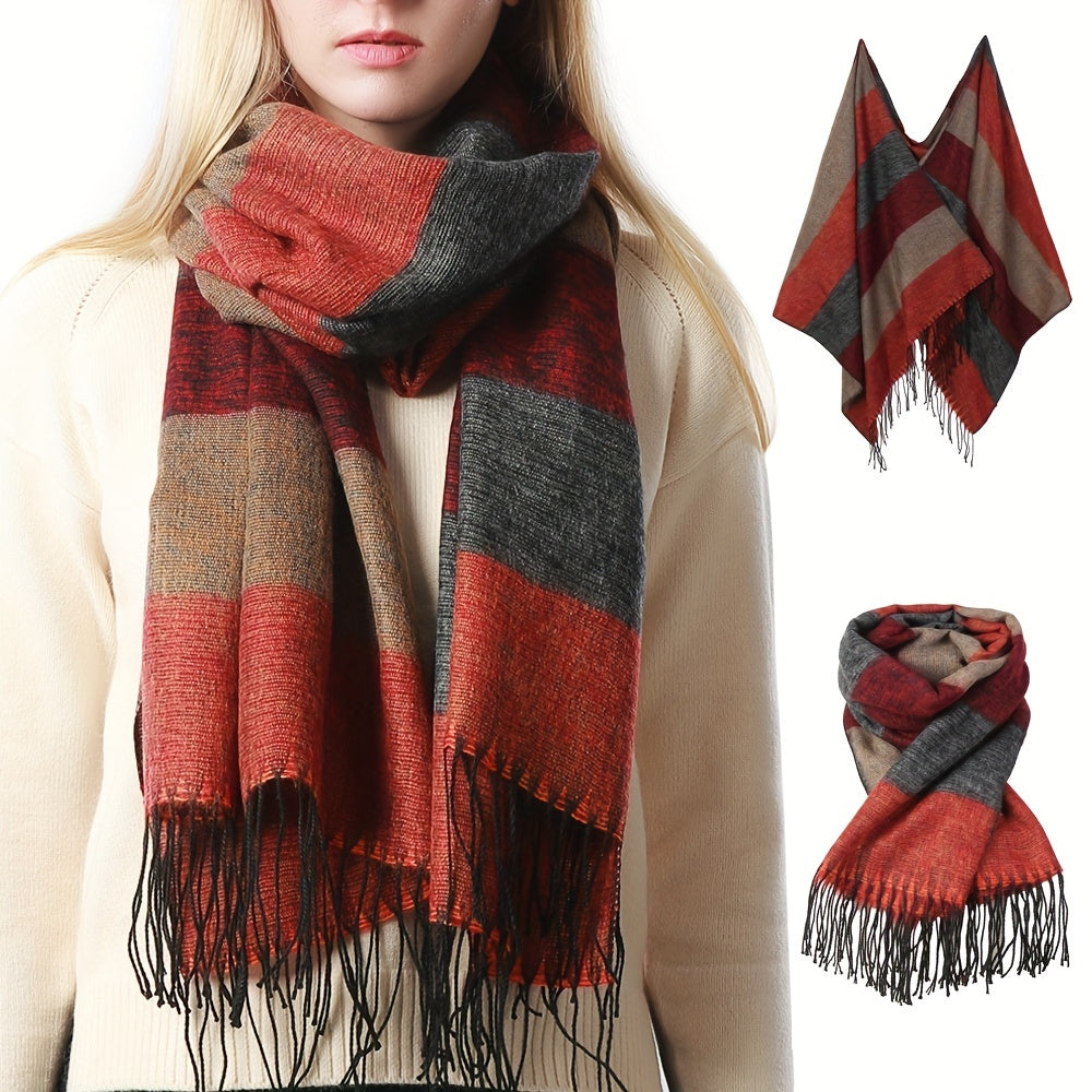 Fringed Striped Shawl Wrap Warm Scarf for Women