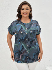 Casual Denim Blouse Women's Plus Round Neck Button Up Blouse