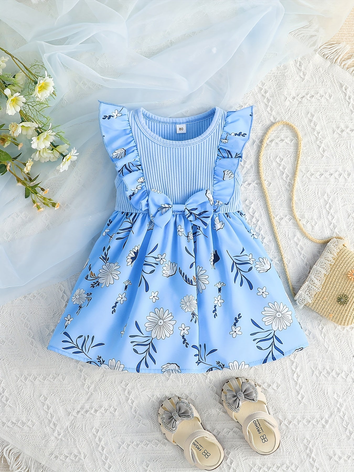 Baby Girls Floral Sleeveless Dress with Bowknot
