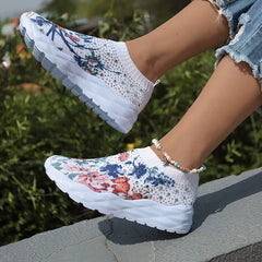 Women's Floral Print Knit Slip On Sneakers Low Top Sock Shoes Breathable Running