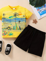 Boys Beach Print T Shirt And Shorts Set