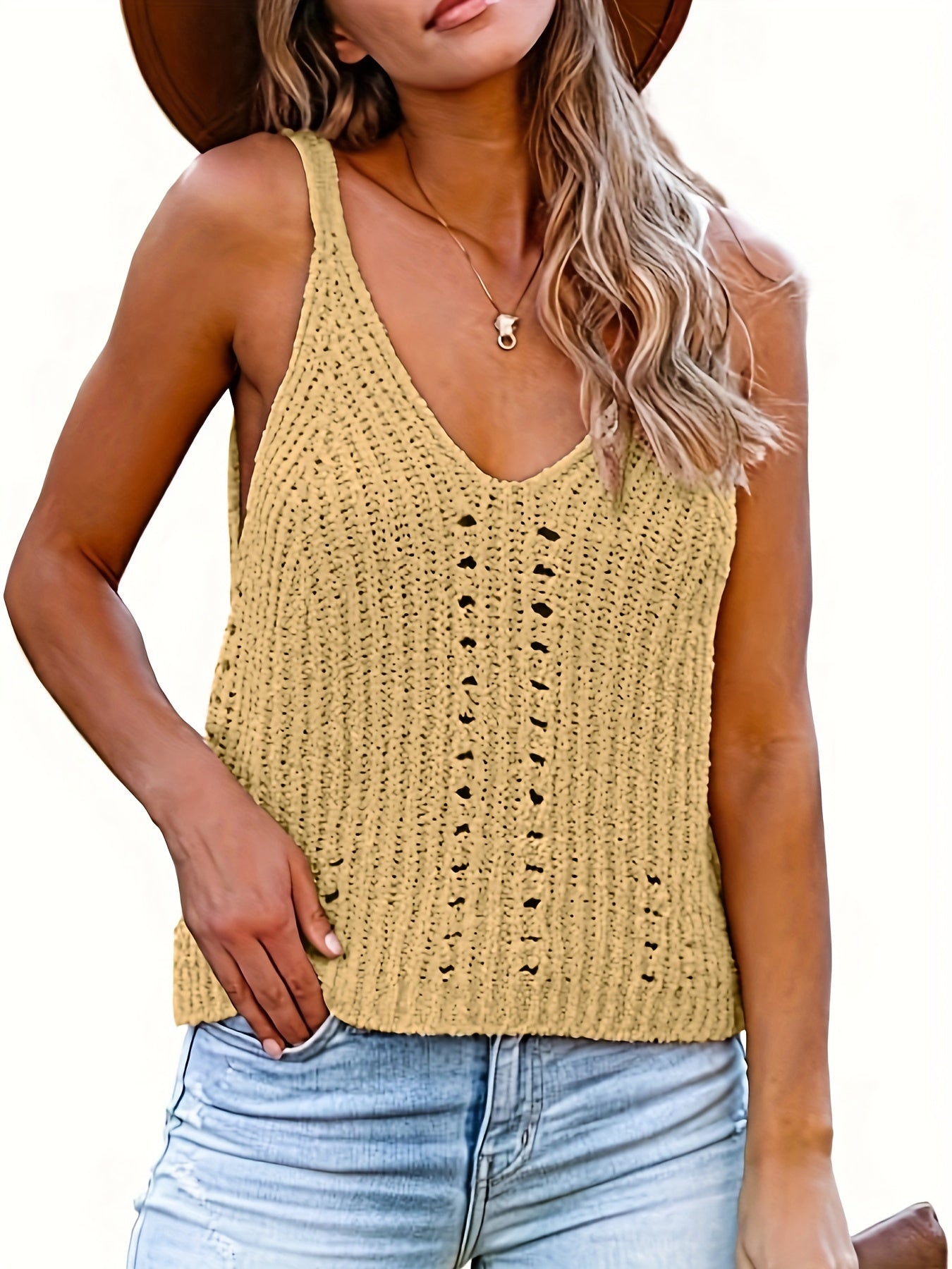 Crochet Knitted Beach Wear V Neck Cami Top
