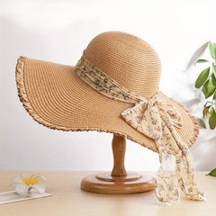Wide Brim Sun Hat Ribbon Bowknot Decor Straw Hat
