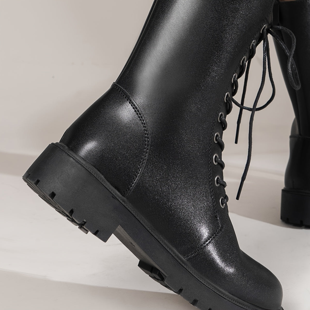 Women's Faux Leather Lace Up Platform Boots Mid Calf Side Zipper Boots