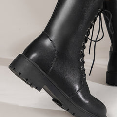 Women's Faux Leather Lace Up Platform Boots Mid Calf Side Zipper Boots
