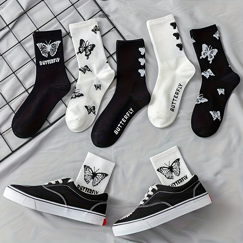 6 Pairs Butterfly Print Ribbed Socks Women's Mid Tube Stockings