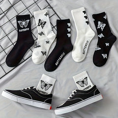 6 Pairs Butterfly Print Ribbed Socks Women's Mid Tube Stockings