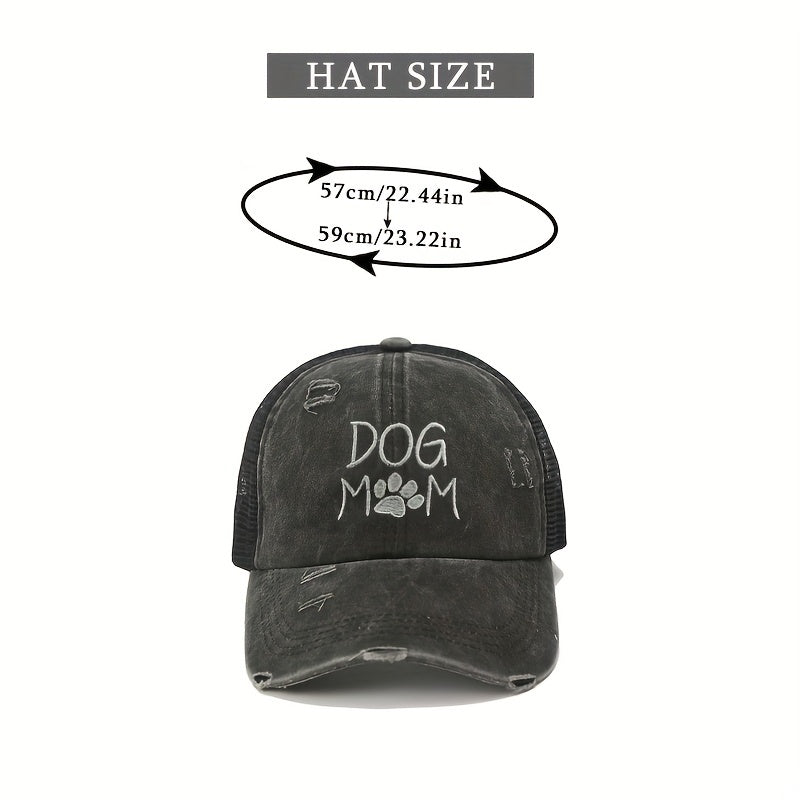 DOG MOM Embroidery Ponytail Baseball Cap Ripped Washed Distressed Sun Hat