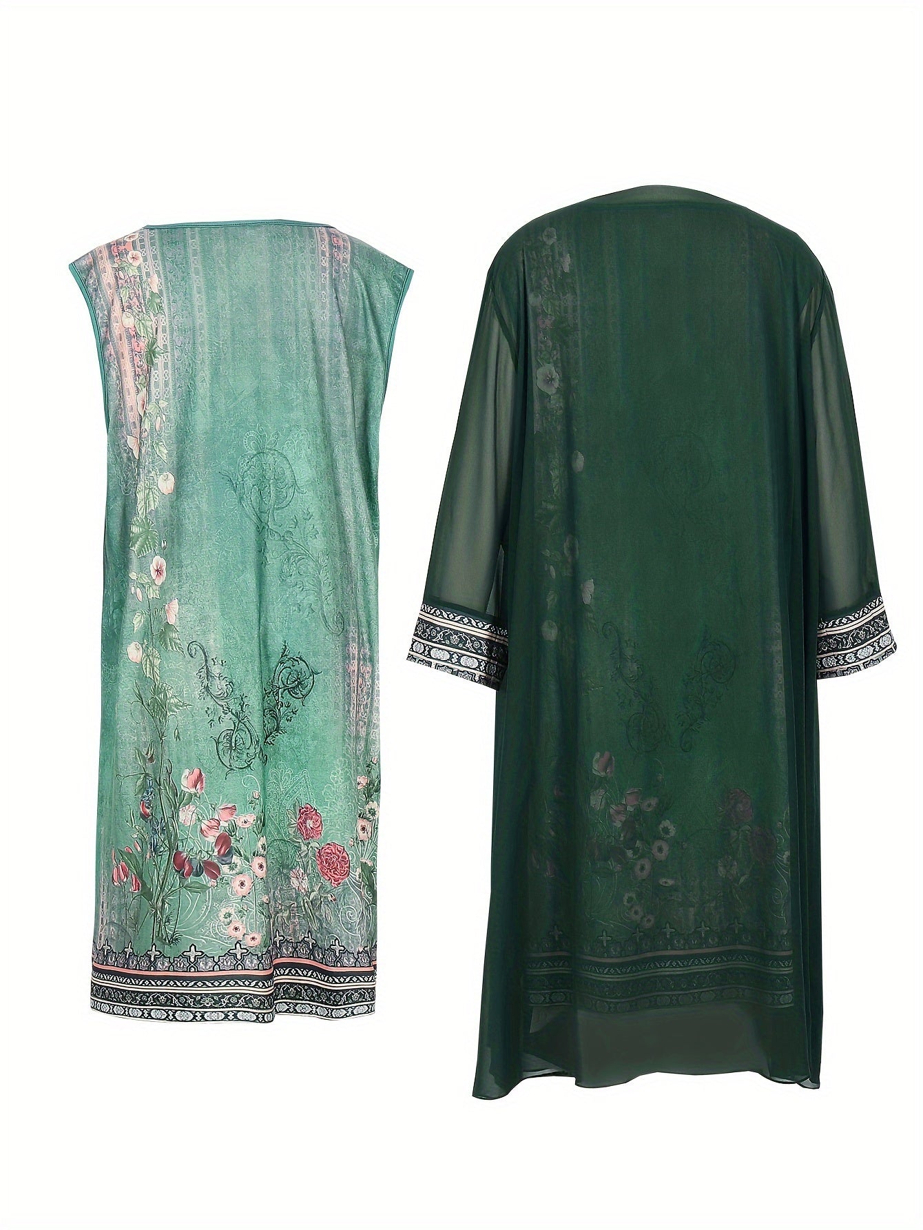 Border Floral Print Notched Neck Tank Dress & Open Front Coat Set