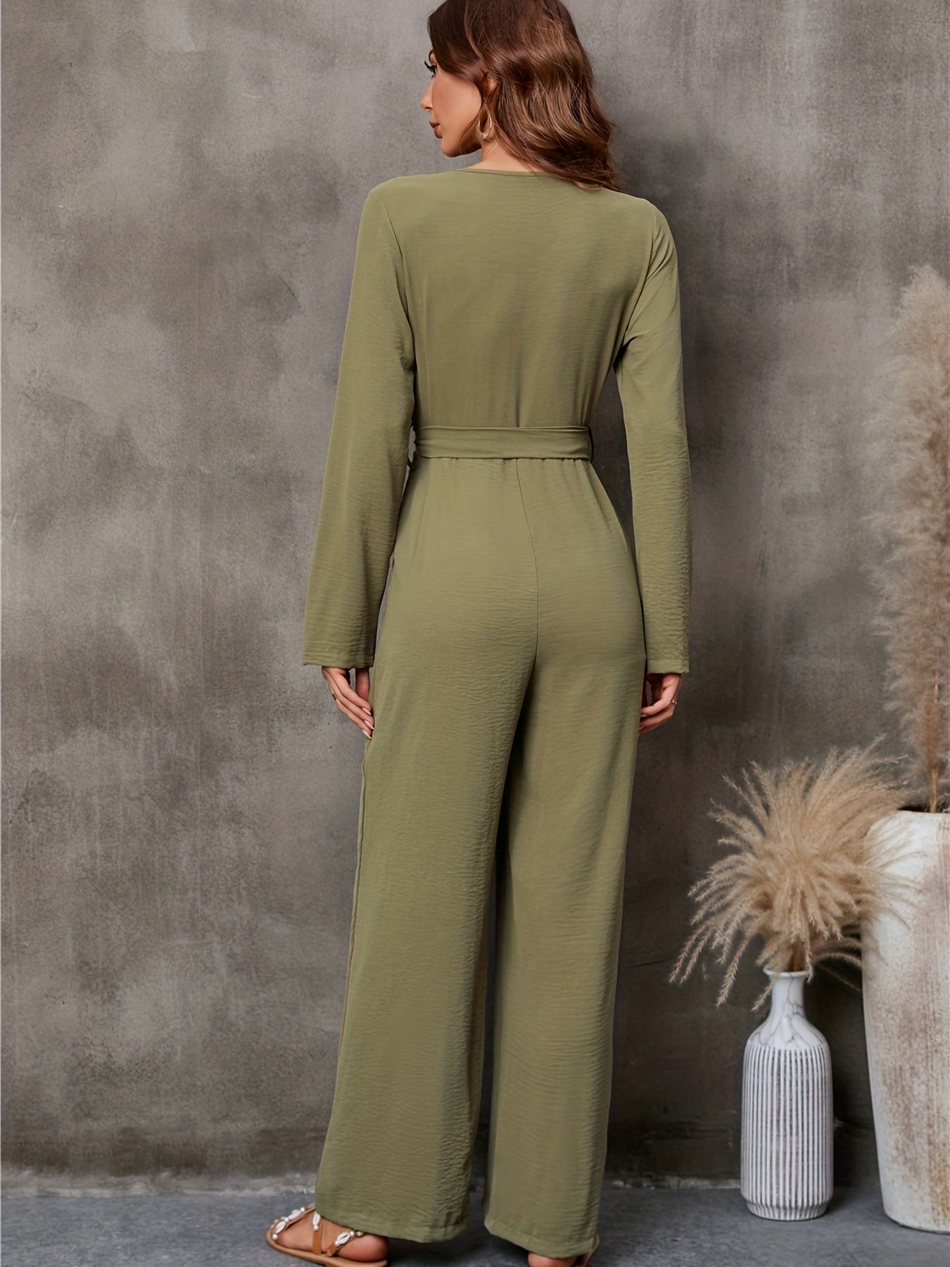 Lace V Neck Jumpsuit Long Sleeve Belted