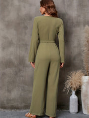 Lace V Neck Jumpsuit Long Sleeve Belted