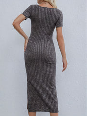 Y2K Ribbed Split Bodycon Dress Square Neck Short Sleeve for Spring & Summer