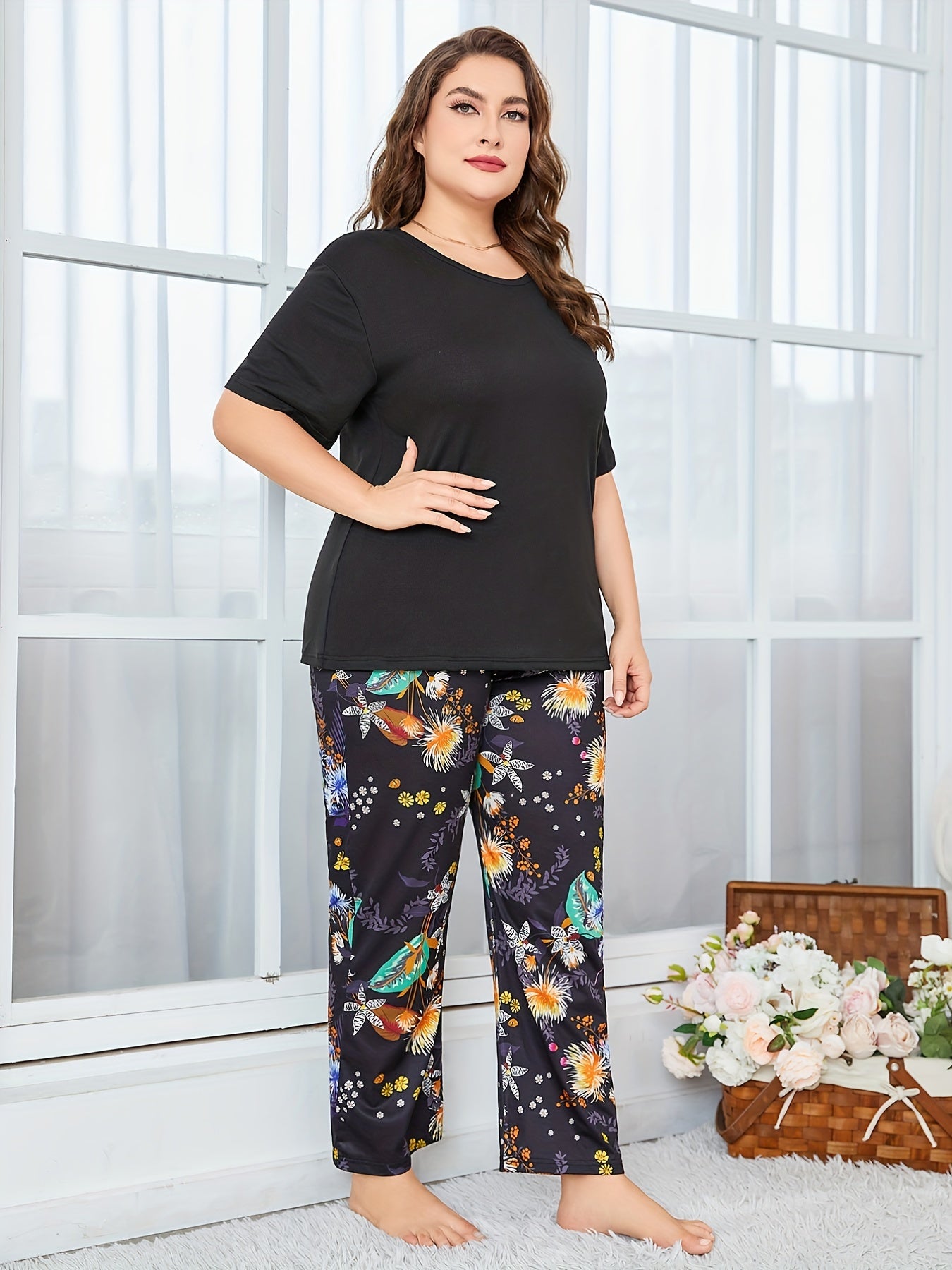 Boho Pajama Set Solid Tee & Tropical Print Pants Loungewear