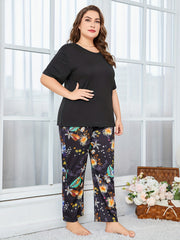 Boho Pajama Set Solid Tee & Tropical Print Pants Loungewear