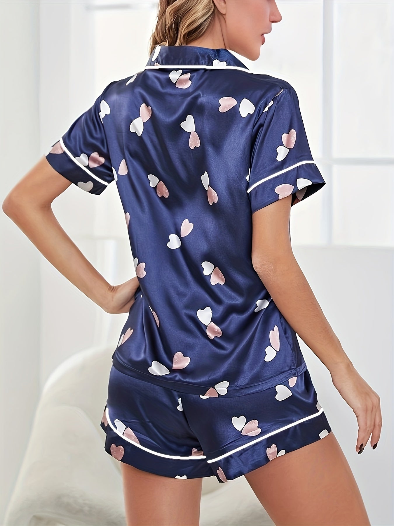 Heart Print Pajamas Set Short Sleeve Top & Shorts Women's Loungewear