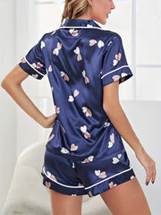 Heart Print Pajamas Set Short Sleeve Top & Shorts Women's Loungewear