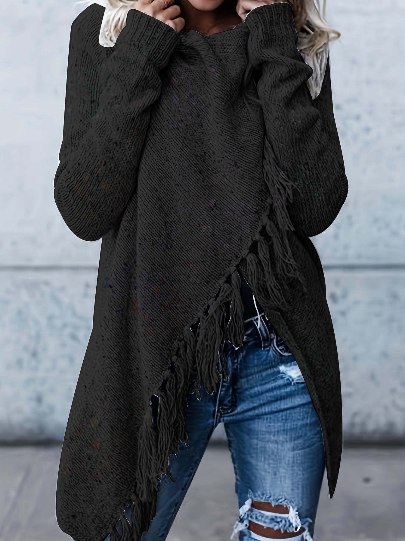 Casual Sweater Women's Plus Tassel Trim Cowl Neck Jumper