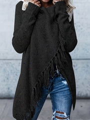 Casual Sweater Women's Plus Tassel Trim Cowl Neck Jumper
