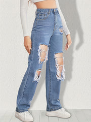 High Waist Distressed Straight Jeans