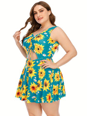Floral Print Cut Out Drawstring One Piece Swimsuit