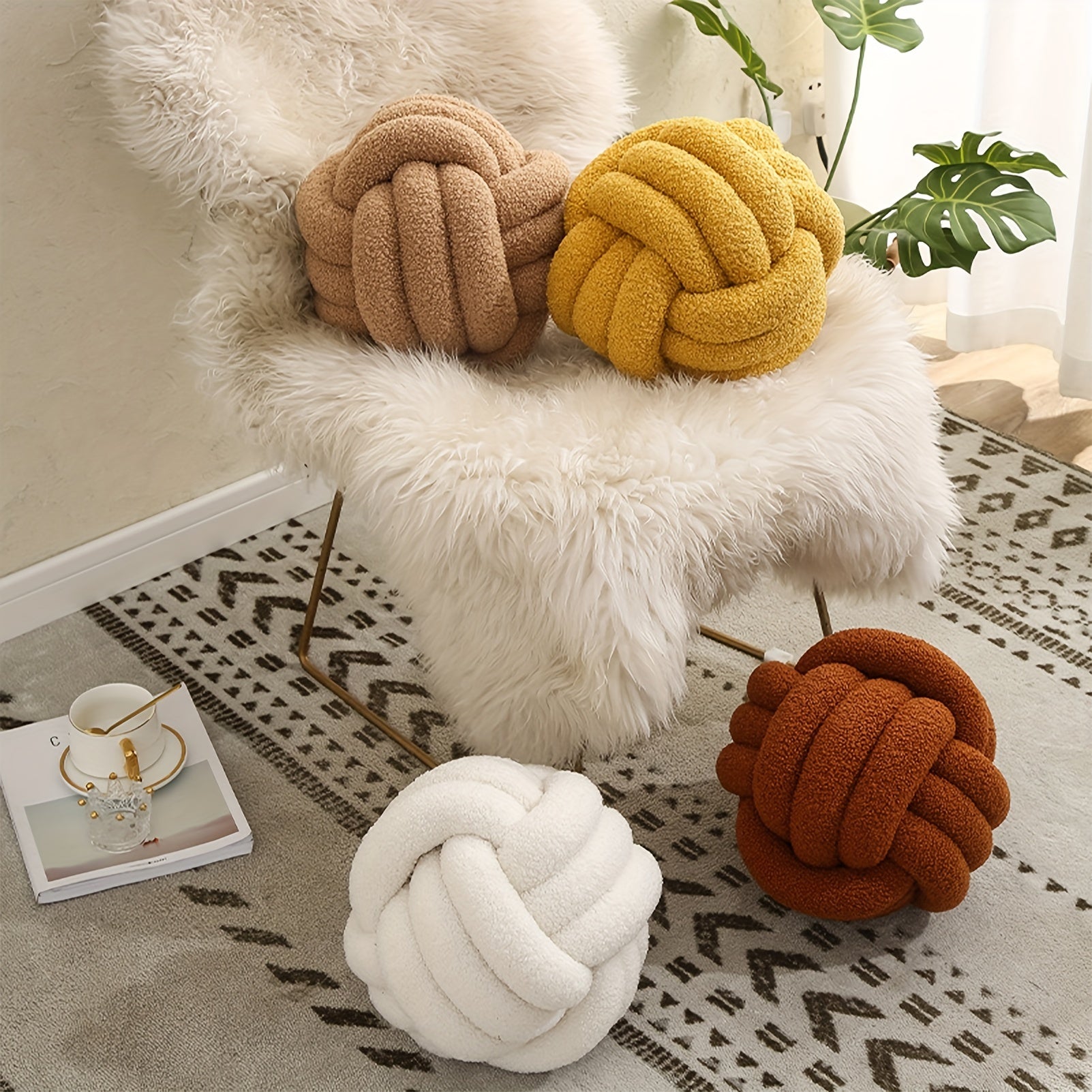 Hand Woven Knotted Ball Pillow Soft Sherpa Home Decorative Plush Pillow