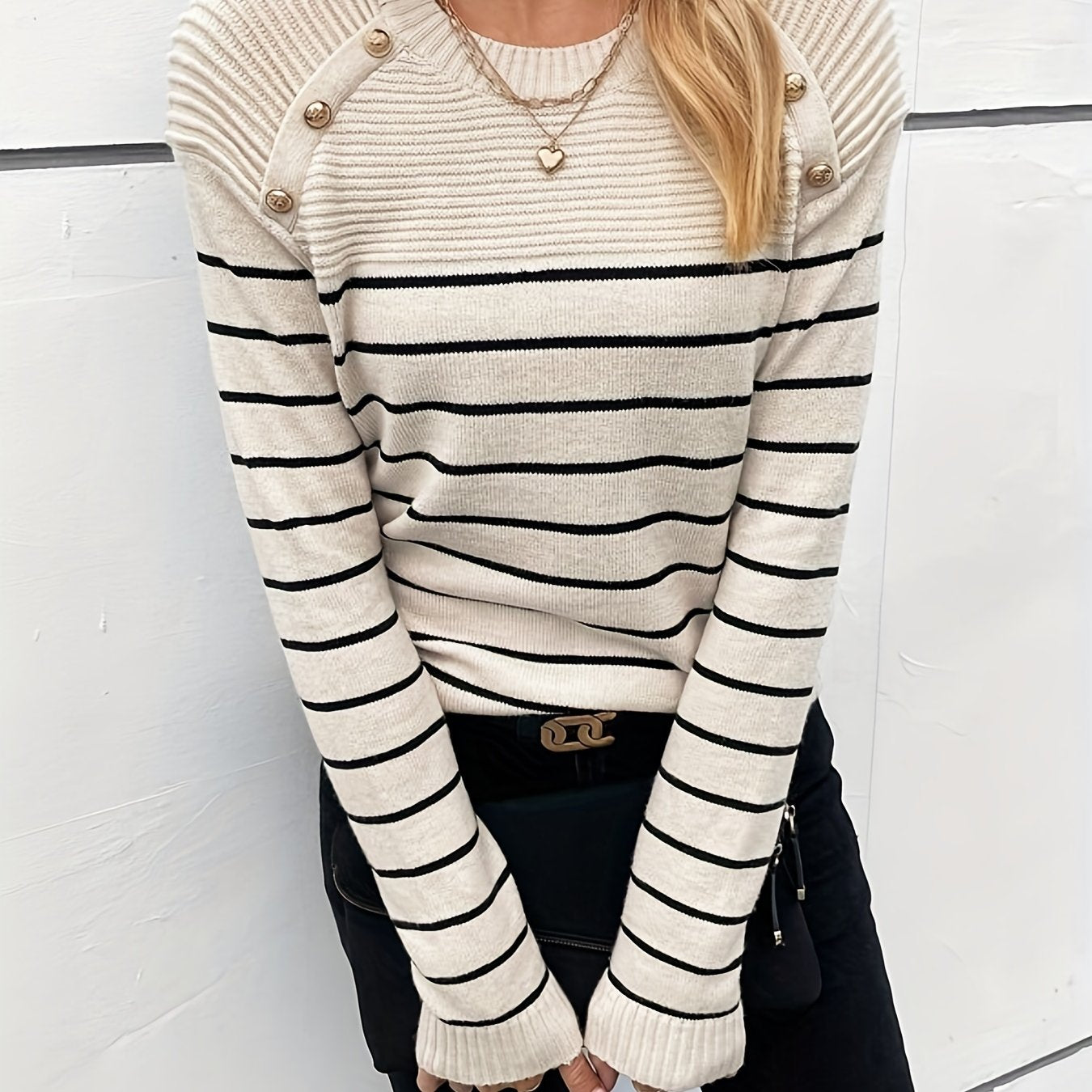 Striped Button Decor Pullover Sweater Crew Neck Long Sleeve