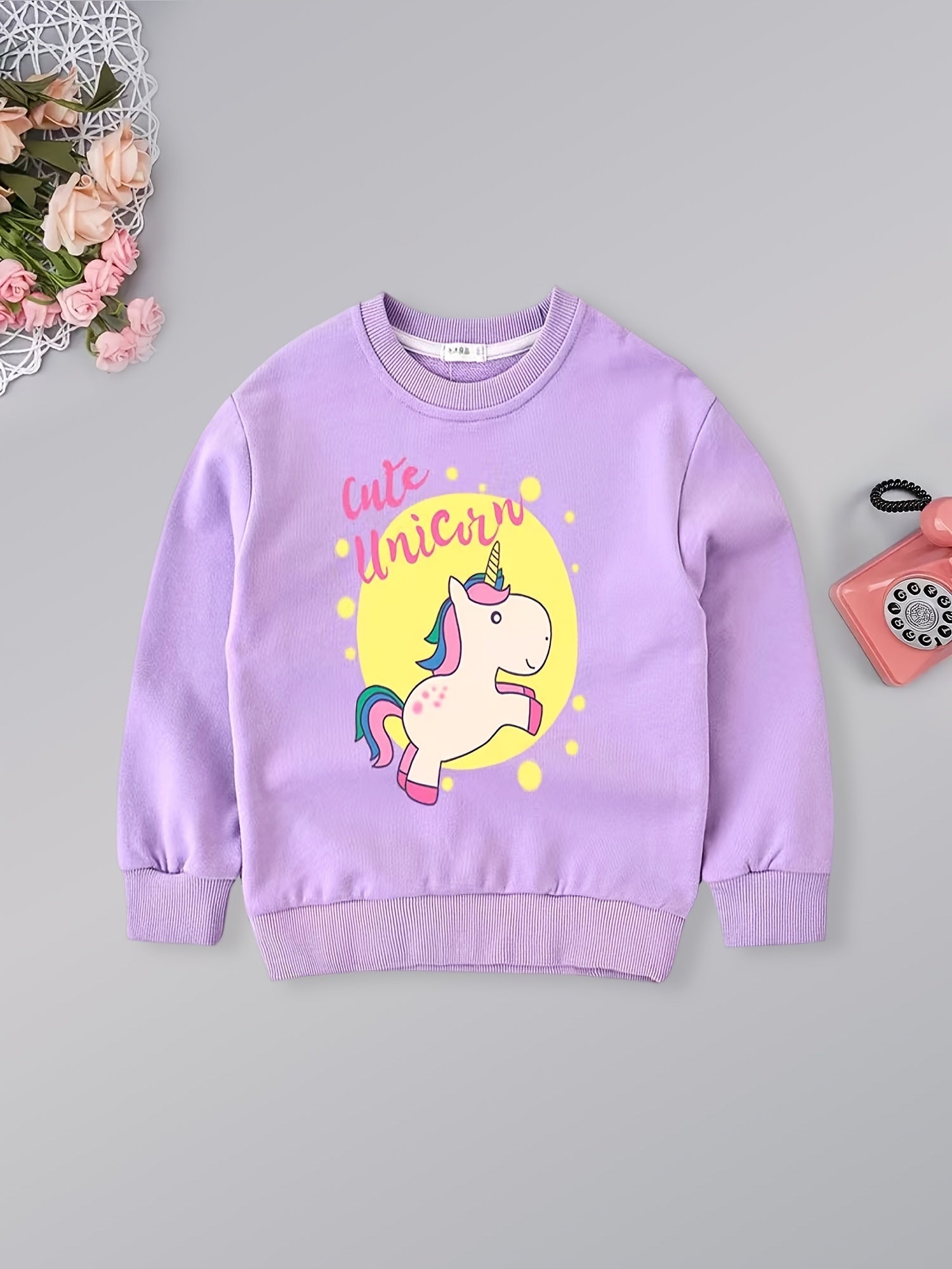 Girls' Unicorn Graphic Crew Neck Sweatshirt for Spring and Autumn