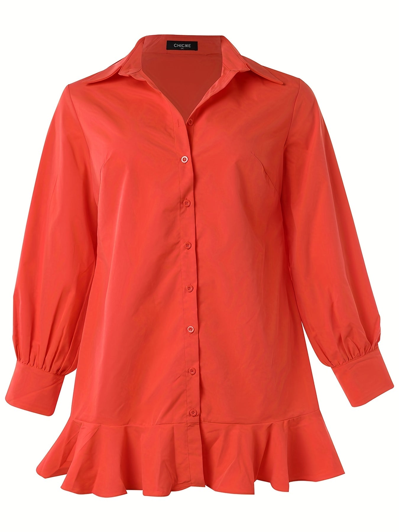 Plus Size Lantern Sleeve Shirt Dress with Ruffle Trim