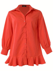 Plus Size Lantern Sleeve Shirt Dress with Ruffle Trim