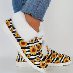 Daisy & Striped Pattern Non-slip Walking Sneakers Comfortable Warm Sport Shoes