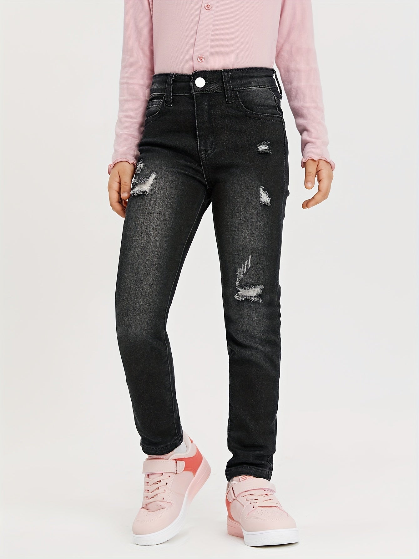 Girls Ripped Skinny Denim Trousers Zipper Fly Casual Jeans