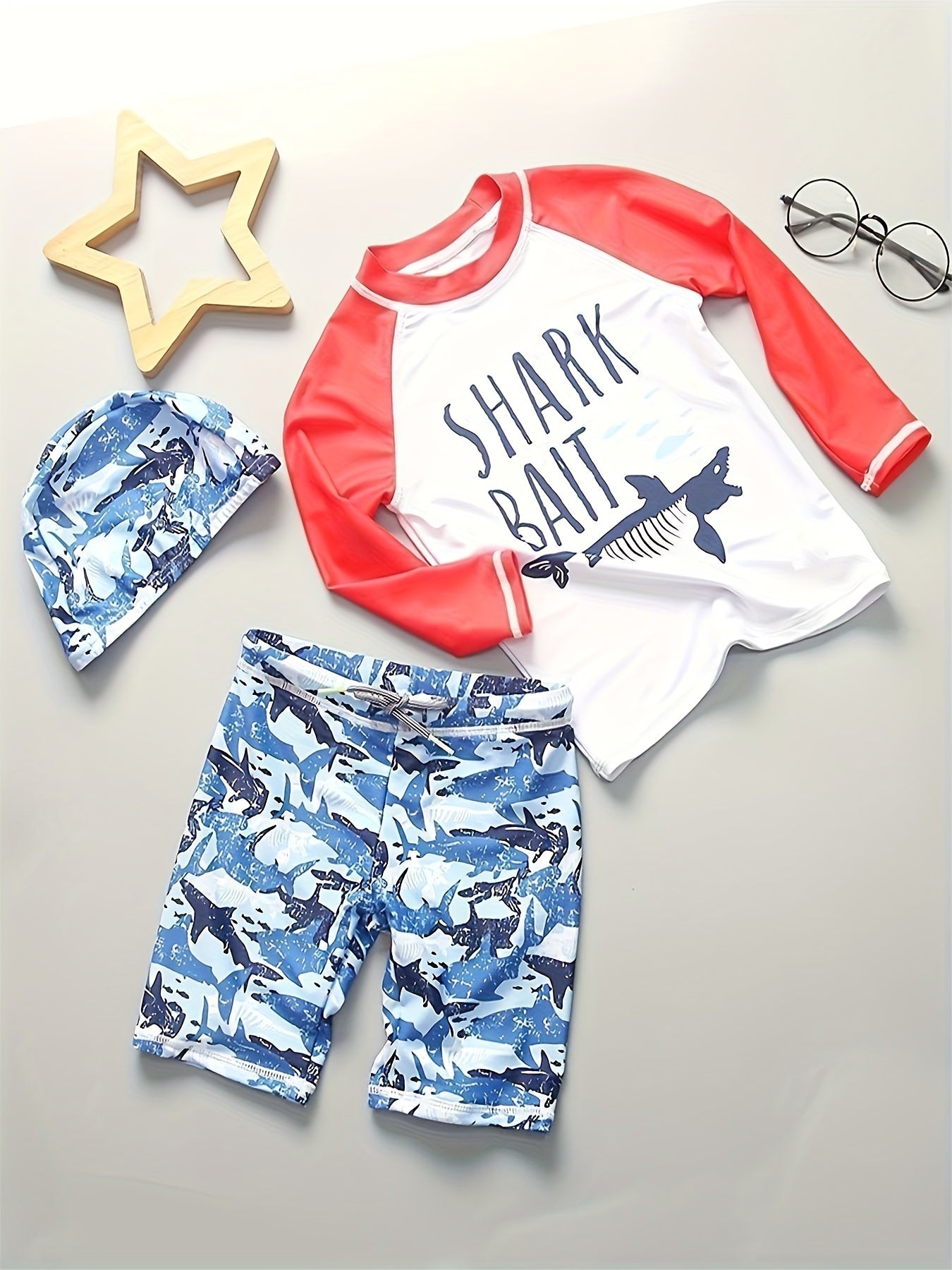 Boys Shark Graphic Swimsuit Set with Hat