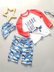 Boys Shark Graphic Swimsuit Set with Hat