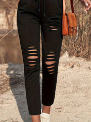 Solid Ripped Drawstring Casual Pants