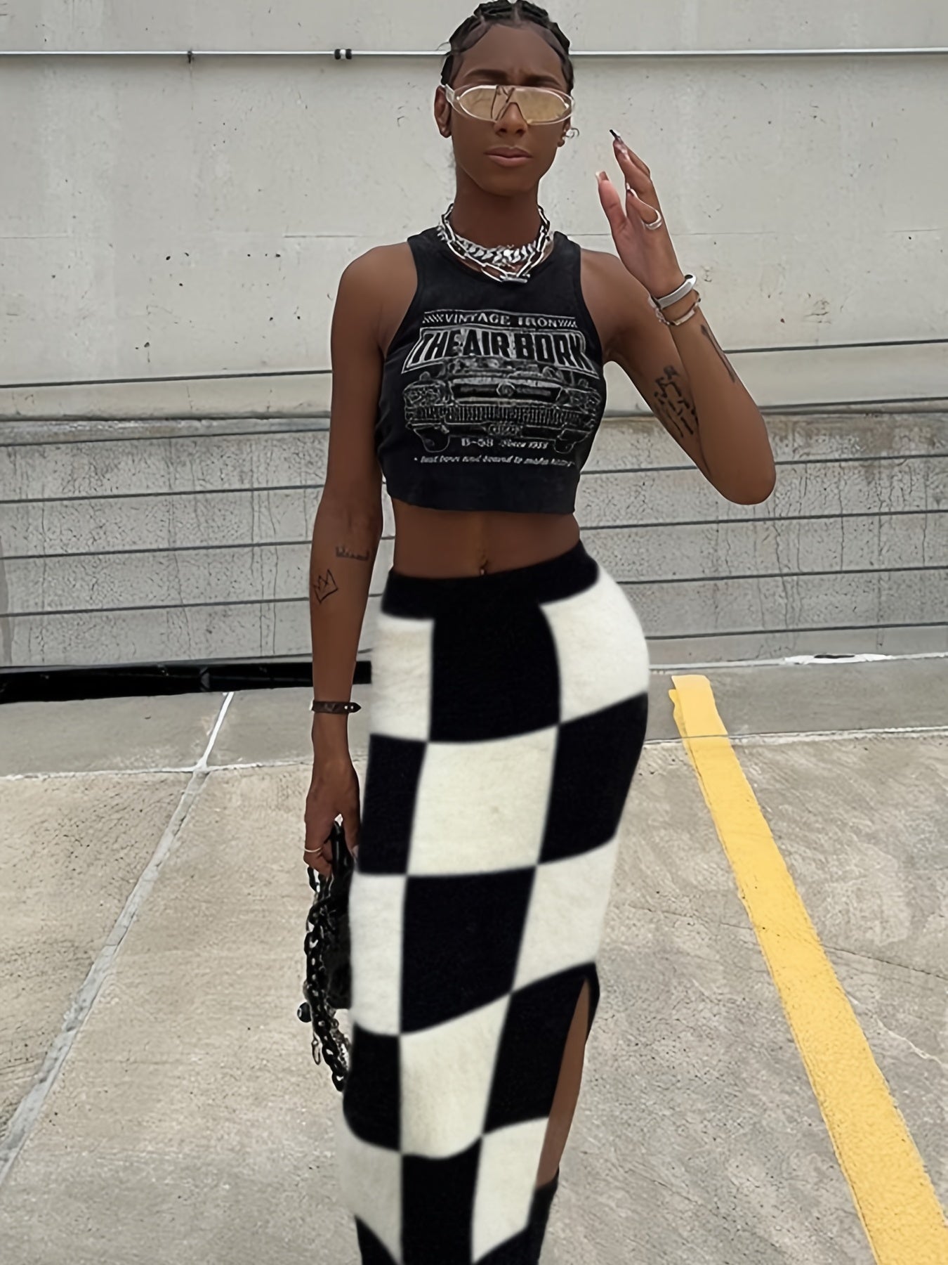 Women's Checkered Skinny Skirts High Waist Casual Skirts