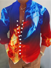 Red Flame 3D Pattern Print Men's Casual Long Sleeve Shirt