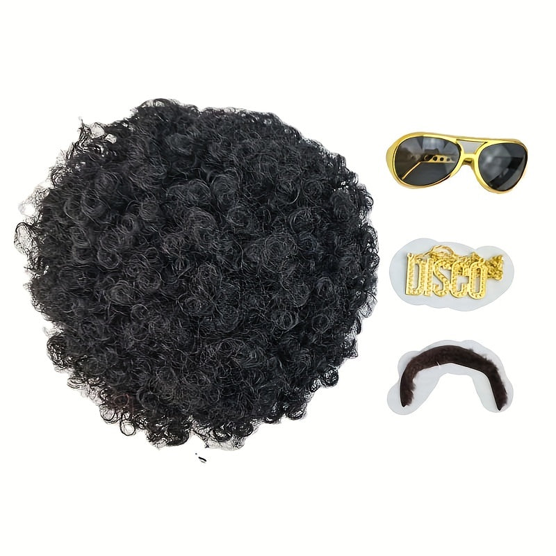 70s Fluffy Short Curly Synthetic Hair Wig Set - Men's Disco Costume