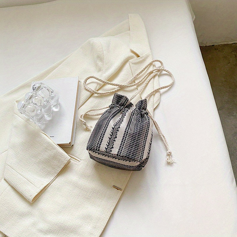 Girls Canvas Diagonal Shoulder Bag Drawstring Strap Mini Storage Bag