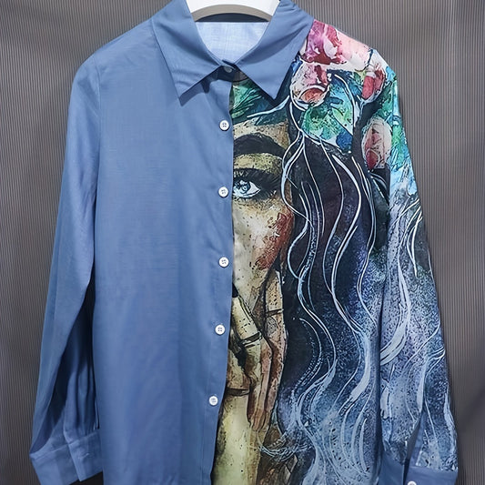 Colorblock Painting Print Long Sleeve Blouse