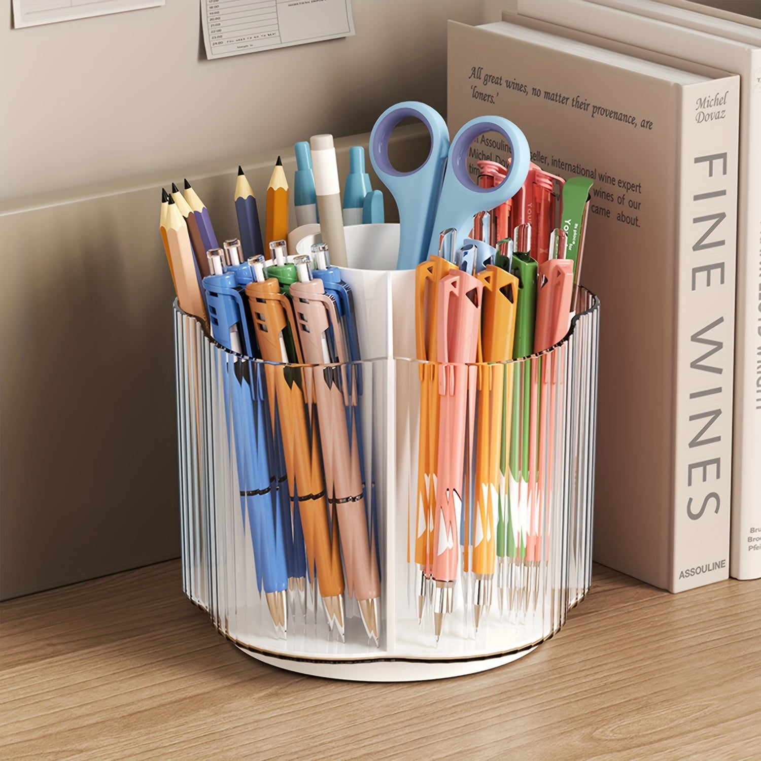 360 Rotating Pen Pencil Holder Desk Organizer 6 Slots Clear Pen Cup Home Office