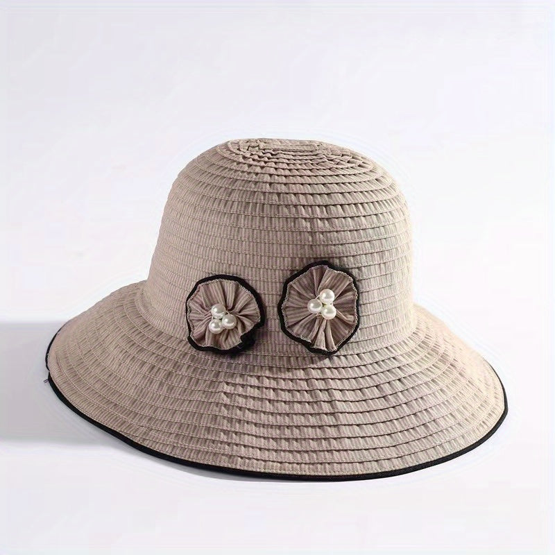 Striped Sun Hat Faux Pearl Wide Brim UV Protection Bucket Hat