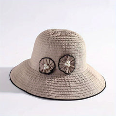 Striped Sun Hat Faux Pearl Wide Brim UV Protection Bucket Hat